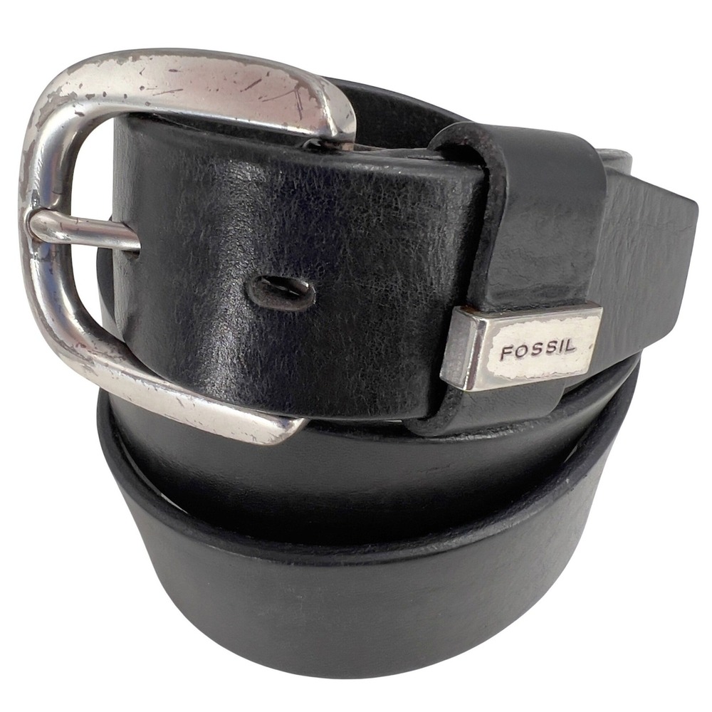 Fossil Mens Black Leather Belt Silver Logo Buckle Size L fits 31-36 Rugged